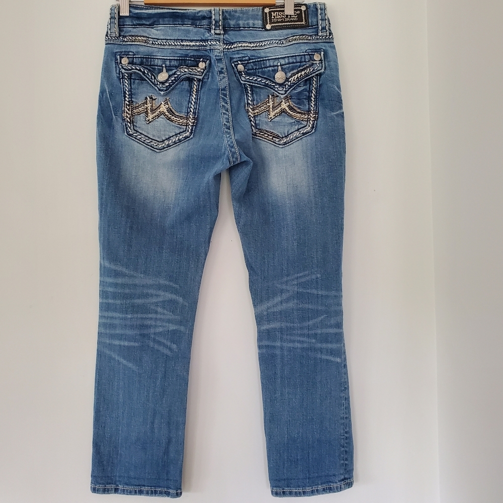 MISS ME Sz 27 Boyfriend Capri Women Blue Jeans Bling Pockets Logo #JB1046P Denim